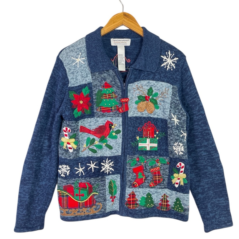 Vtg Christmas Cardigan Sweater M Blue Knit Zip Up Holiday Elbow Patch Cardinal - Picture 7 of 8